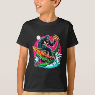 Bigfoot Surfing Eating Pizza Alligator Attack Funn T-Shirt