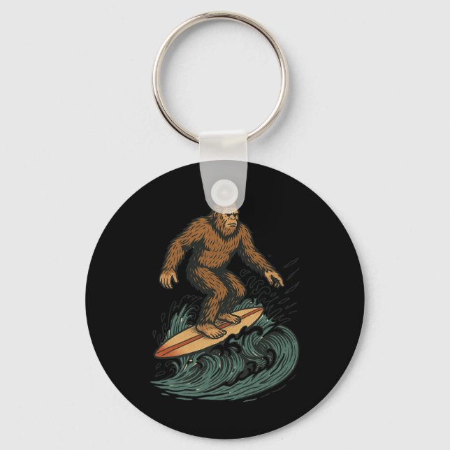 Bigfoot Surfing Retro Beach Cryptid Art For Summer Key Ring (Front)