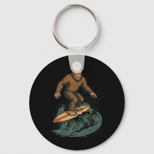 Bigfoot Surfing Retro Beach Cryptid Art For Summer Key Ring
