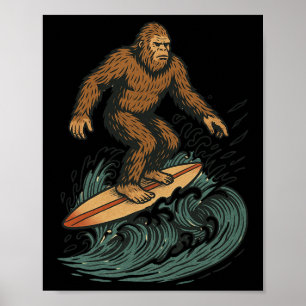 Bigfoot Surfing Retro Beach Cryptid Art For Summer Poster