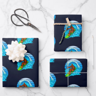 Bigfoot Surfing Riding The Waves Fun Sasquatch Wrapping Paper Sheet