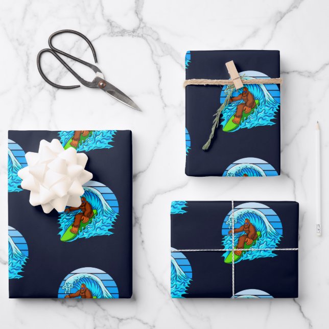 Bigfoot Surfing Riding The Waves Fun Sasquatch Wrapping Paper Sheet (Front)