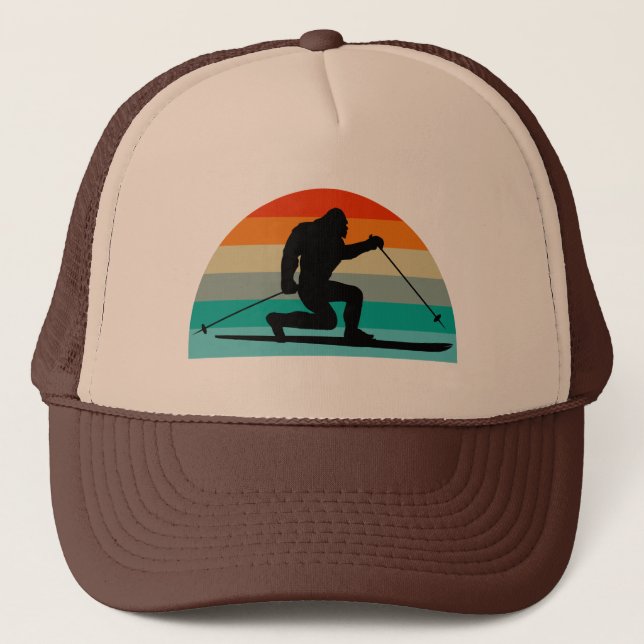 Bigfoot Telemark Skiing Rainbow Trucker Hat (Front)