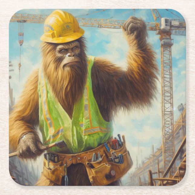 Bigfoot the Construction Worker Square Paper Coaster (Front)