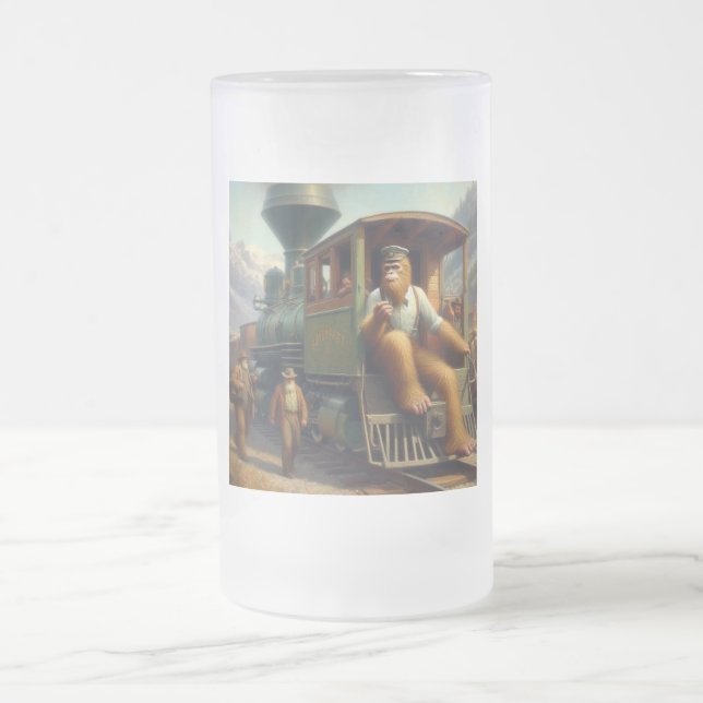 Bigfoot Train Engineer Frosted Glass Beer Mug (Center)