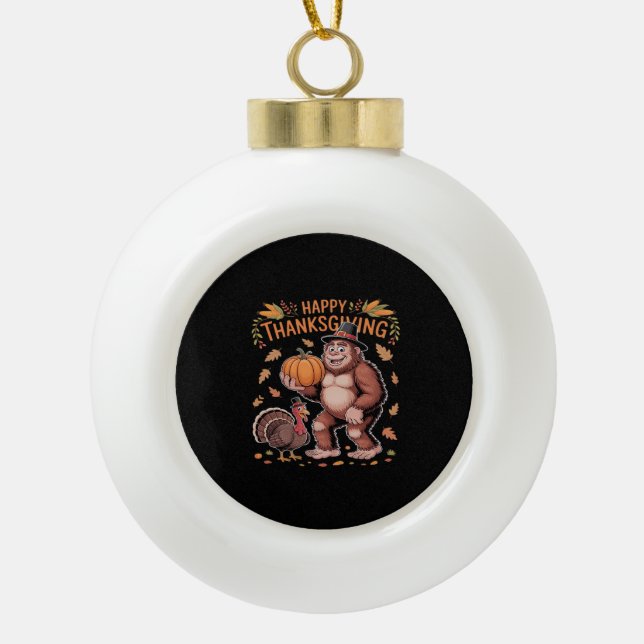 Bigfoot Turkey Pumpkin Thanksgiving Day Classic T- Ceramic Ball Christmas Ornament (Front)