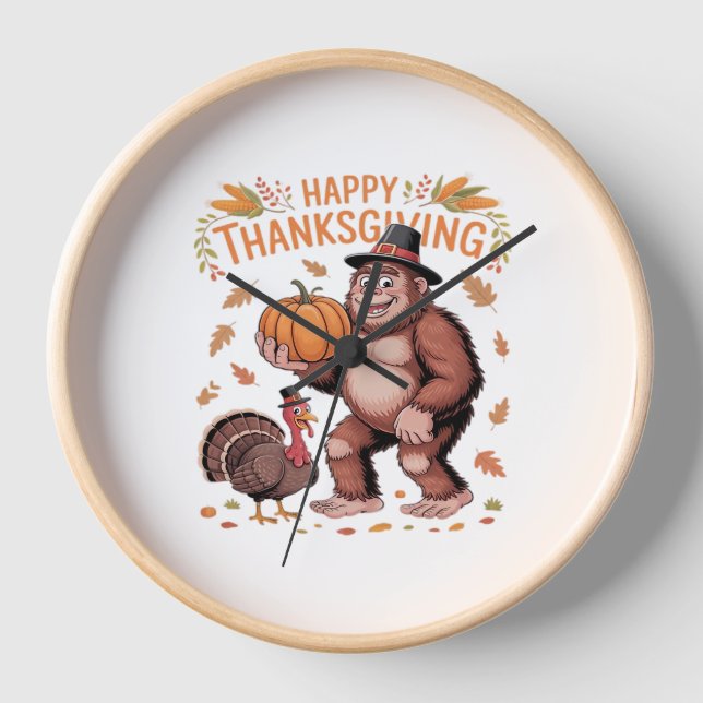 Bigfoot Turkey Pumpkin Thanksgiving Day Classic T- Clock (Front)