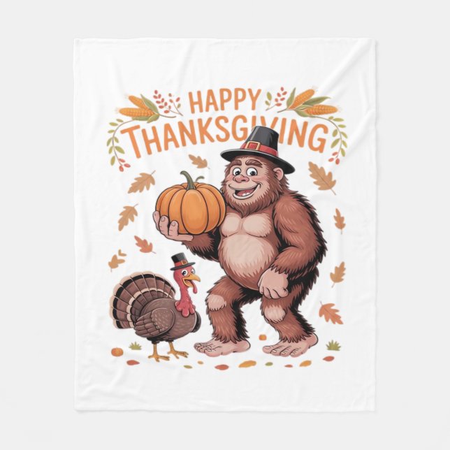 Bigfoot Turkey Pumpkin Thanksgiving Day Classic T- Fleece Blanket (Front)