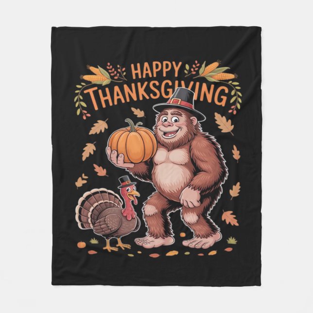 Bigfoot Turkey Pumpkin Thanksgiving Day Classic T- Fleece Blanket (Front)