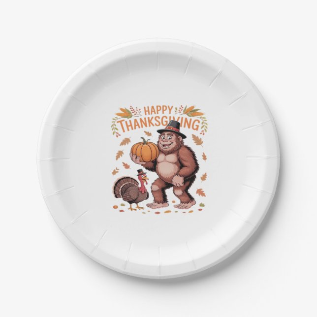 Bigfoot Turkey Pumpkin Thanksgiving Day Classic T- Paper Plate (Front)