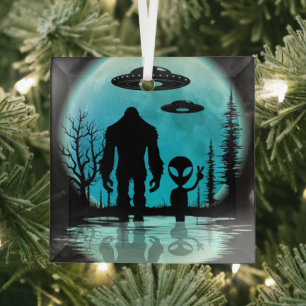 Bigfoot UFO Alien Glass Tree Decoration