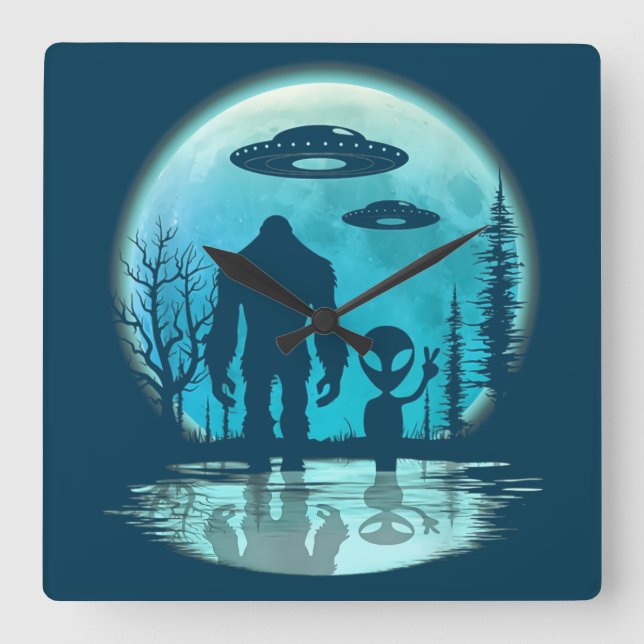 Bigfoot UFO Alien Square Wall Clock (Front)