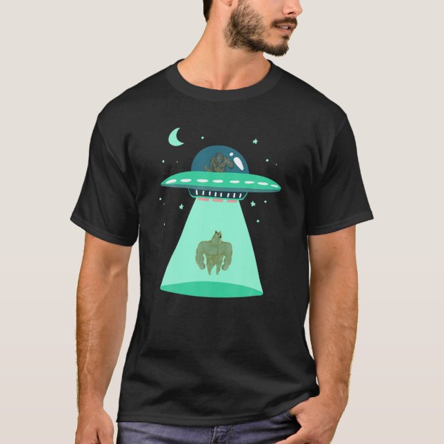 Bigfoot UFO Dogecoin Alien Abduction Funny Doge Co T-Shirt (Front)