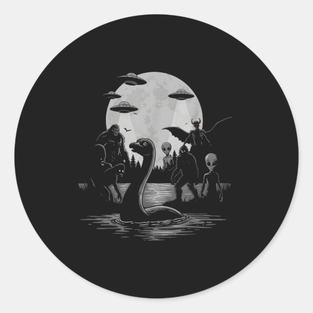 Bigfoot Ufo Loch Ness Monster Mothman And Aliens!  Classic Round Sticker (Front)