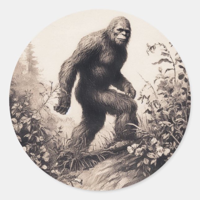 Bigfoot Vintage Illustration Folklore Classic Round Sticker (Front)
