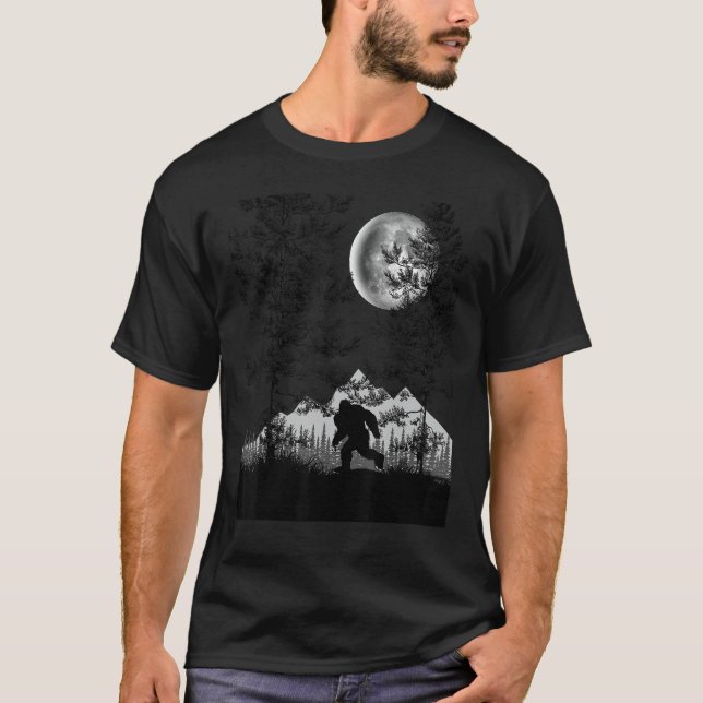 Bigfoot Walking in the Forest Moon Night Sky Sasqu T-Shirt (Front)
