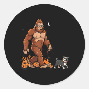 Bigfoot Walking Pug Halloween Dog Sasquatch Funny Classic Round Sticker