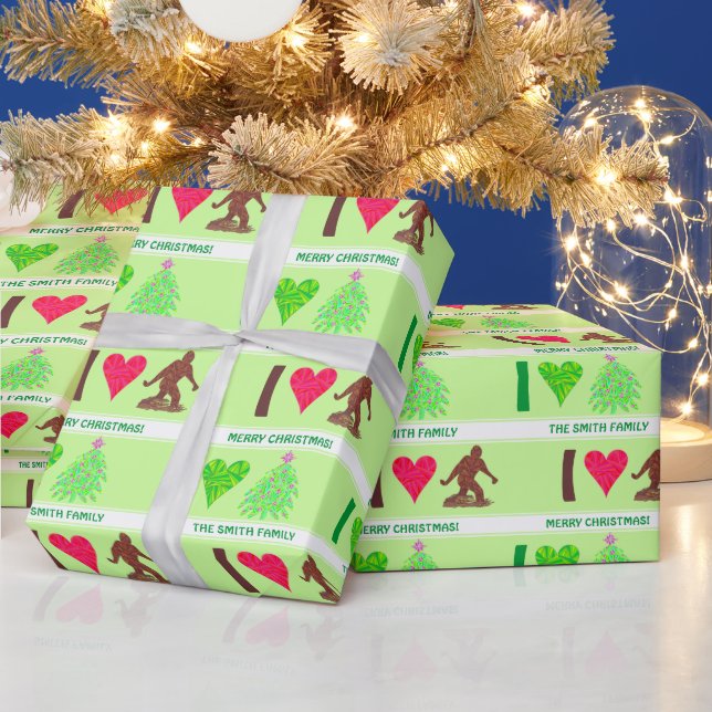 Bigfoot Walking Sasquatch I Heart Christmas Fun Wrapping Paper (Holidays)