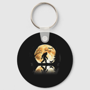 Bigfoot Walking With Dog Funny Halloween Moon Key Ring
