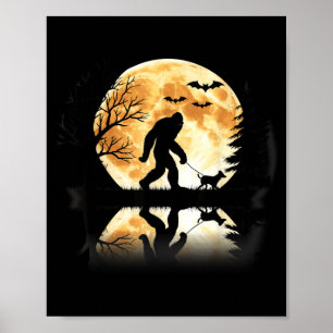 Bigfoot Walking With Dog Funny Halloween Moon Poster