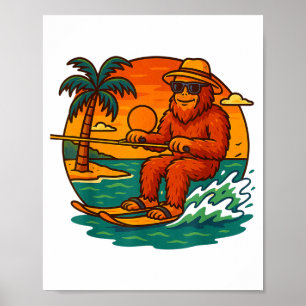 Bigfoot water skiing summer sunset beach graphic poster