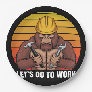 bigfoot wearing a helmet worker retro paper plate