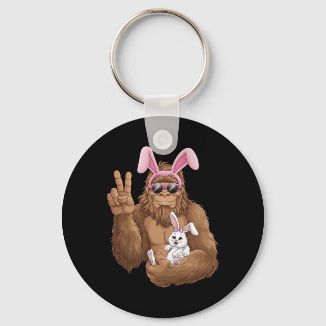 Bigfoot Wearing Bunny Ears Hugging Rabbit Easter E Key Ring (Front)