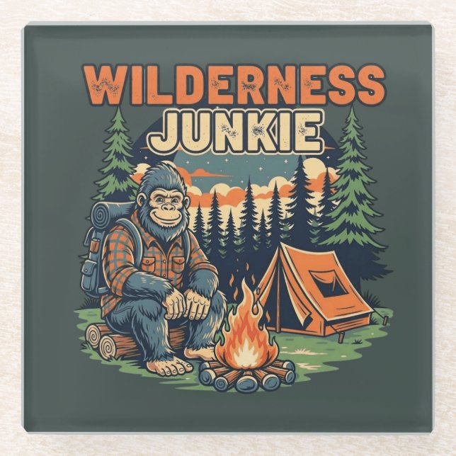 Bigfoot wilderness junkie retro design glass coaster (Front)