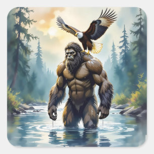 Bigfoot with an Eagle on his Shoulder  Square Sticker