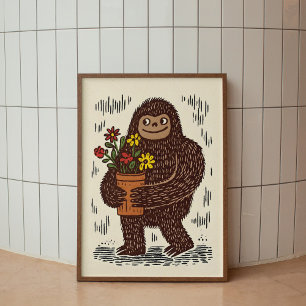 Bigfoot With Flowers Cute Wall Art Poster Print