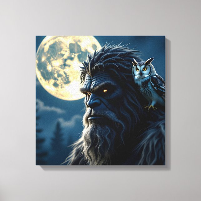 Bigfoot with Glowing Eyes and Owl on his Shoulder  Canvas Print (Front)