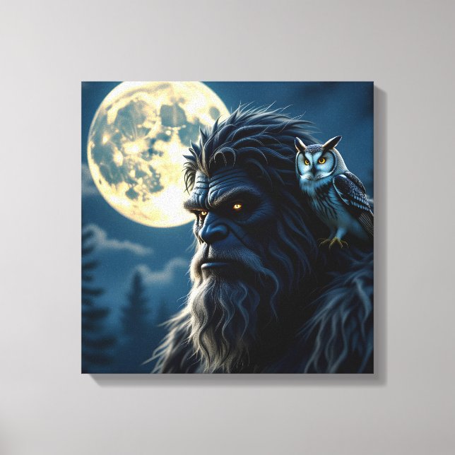 Bigfoot with Glowing Eyes and Owl on his Shoulder  Canvas Print (Front)