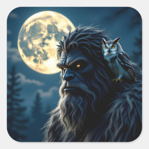 Bigfoot with Glowing Eyes and Owl on his Shoulder  Square Sticker