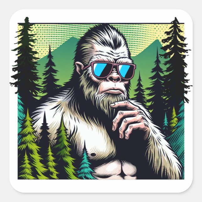 Bigfoot with Sunglasses Hiding in the Woods Square Sticker (Front)