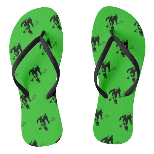 Bigfoot with Tennis Racquet Pattern on Green Flip Flops (Footbed)