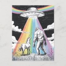 Bigfoot with Unicorn and a UFO