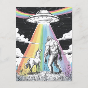 Bigfoot with Unicorn and a UFO  Postcard