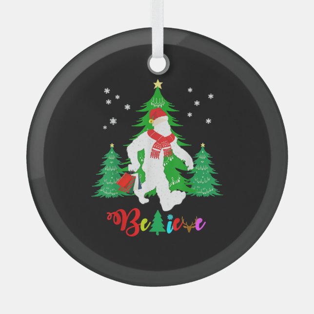 Bigfoot Yeti Sasquatch Christmas Believe Christmas Glass Tree Decoration (Front)