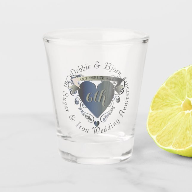 Bigger "Our 6th Sugar & Iron Anniversary"3D Shot Glass (Front)