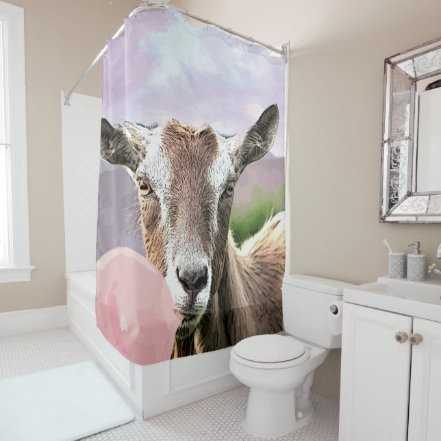 Bigger than Life Toggenburg Goat with Bubblegum Shower Curtain (In Situ)