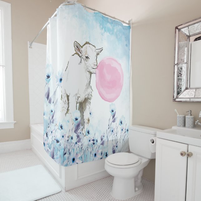 Bigger than Life White Baby Goat with Bubblegum Shower Curtain (In Situ)