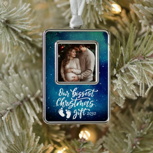 Biggest Christmas Gift | Pregnancy Photo Silver Plated Framed Ornament (Tree)