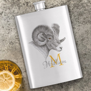 Bighorn Ram Animal art Aries Zodiac sign Monogram Hip Flask