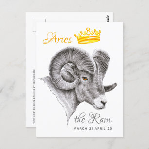 Bighorn Ram with Crown Aries Zodiac Animal art Postcard