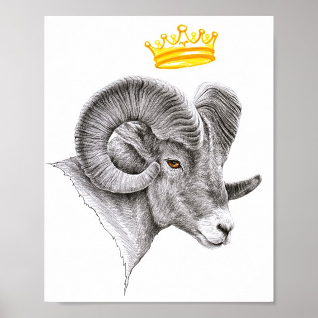 Bighorn Ram with Crown Aries Zodiac Animal art Poster (Front)