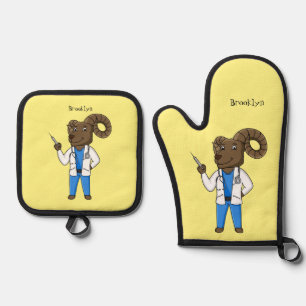 Bighorn sheep doctor cartoon illustration oven mitt & pot holder set