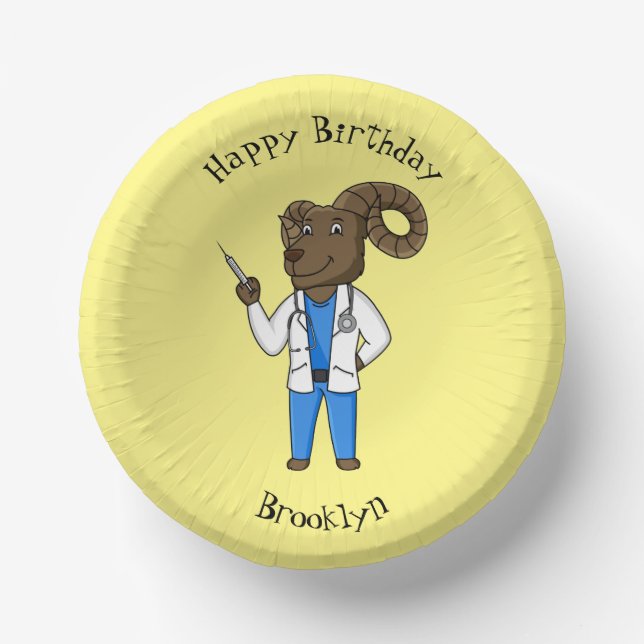 Bighorn sheep doctor cartoon illustration paper plate (Front)