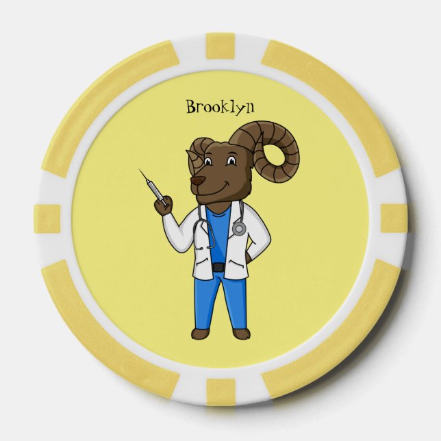 Bighorn sheep doctor cartoon illustration poker chips (Front)