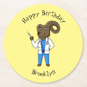 Bighorn sheep doctor cartoon illustration round paper coaster