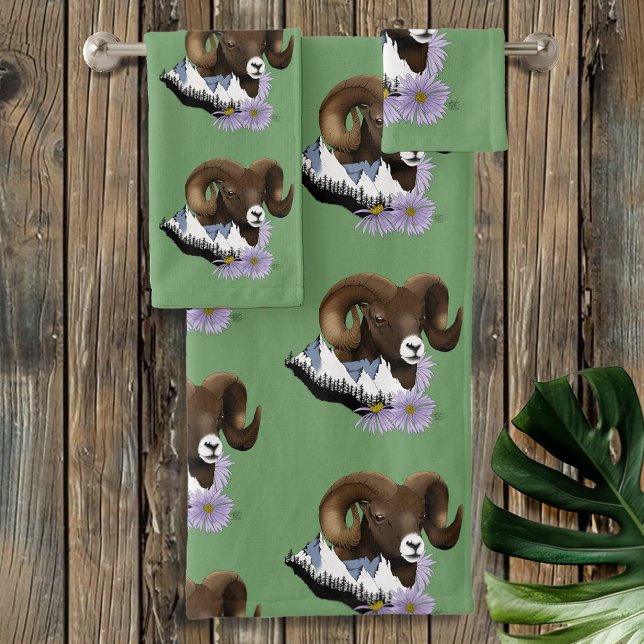 Bighorn Sheep Ram Green Mountains Bath Towel Set (Creator Uploaded)